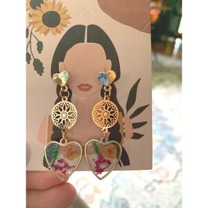 Heart Dangle Earrings Pressed Flower Gold Tone Boho Chic Women's‎ Jewelry